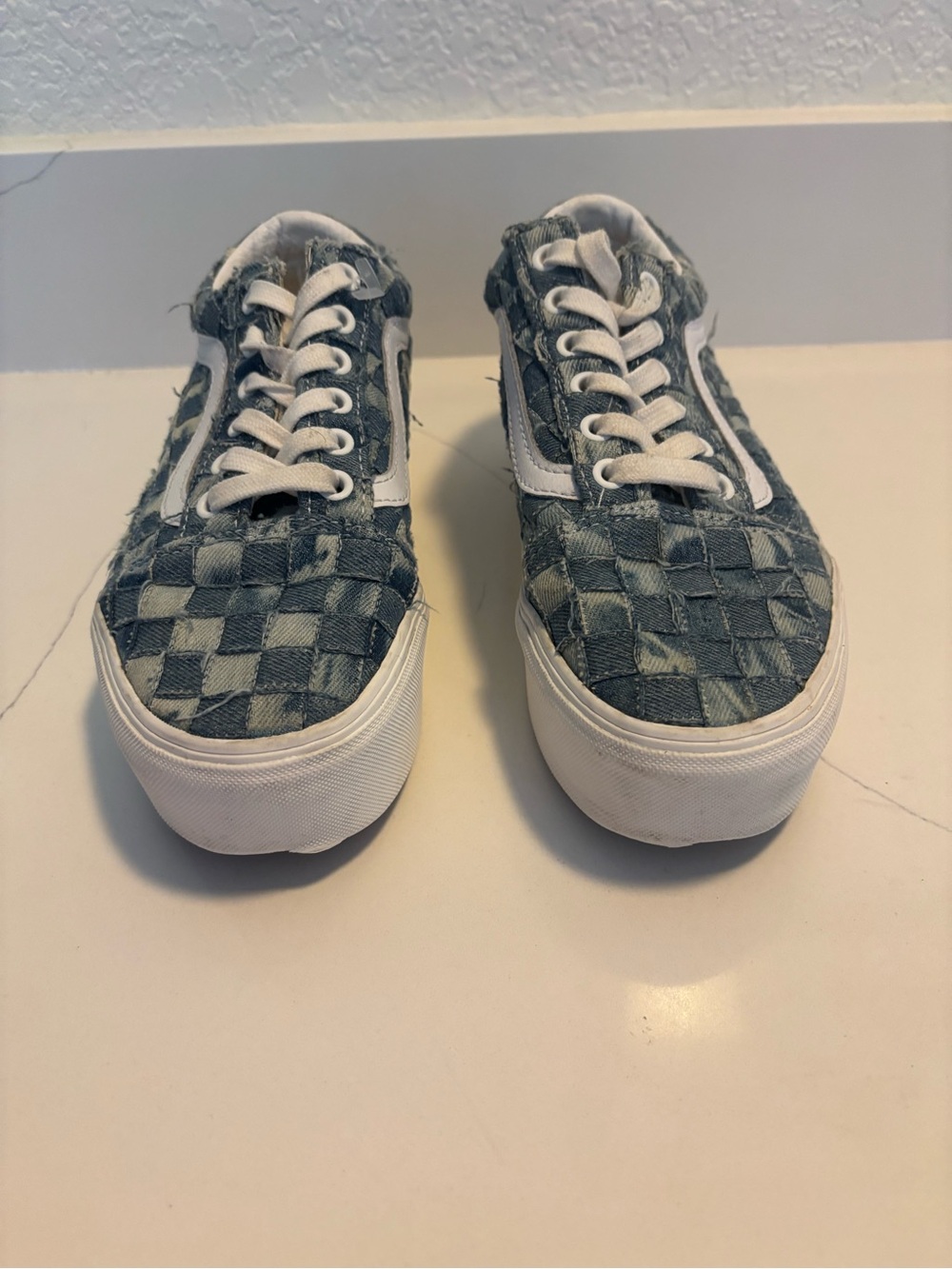 VANS Old Skool Stackform Platform Woven Denim Squares Patches Shoes Wm's 6.5